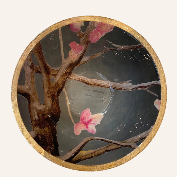 Mango Wood Serving Bowl, Pink Flowers & Tree Branches