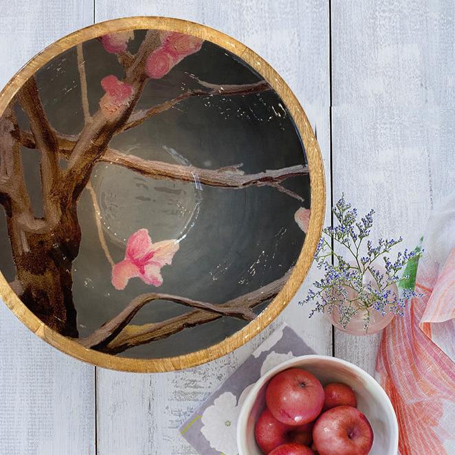 Mango Wood Serving Bowl, Pink Flowers & Tree Branches