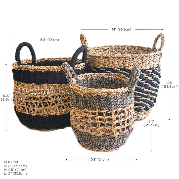 Handwoven Mesh Basket with Handles, Black Gray Natural