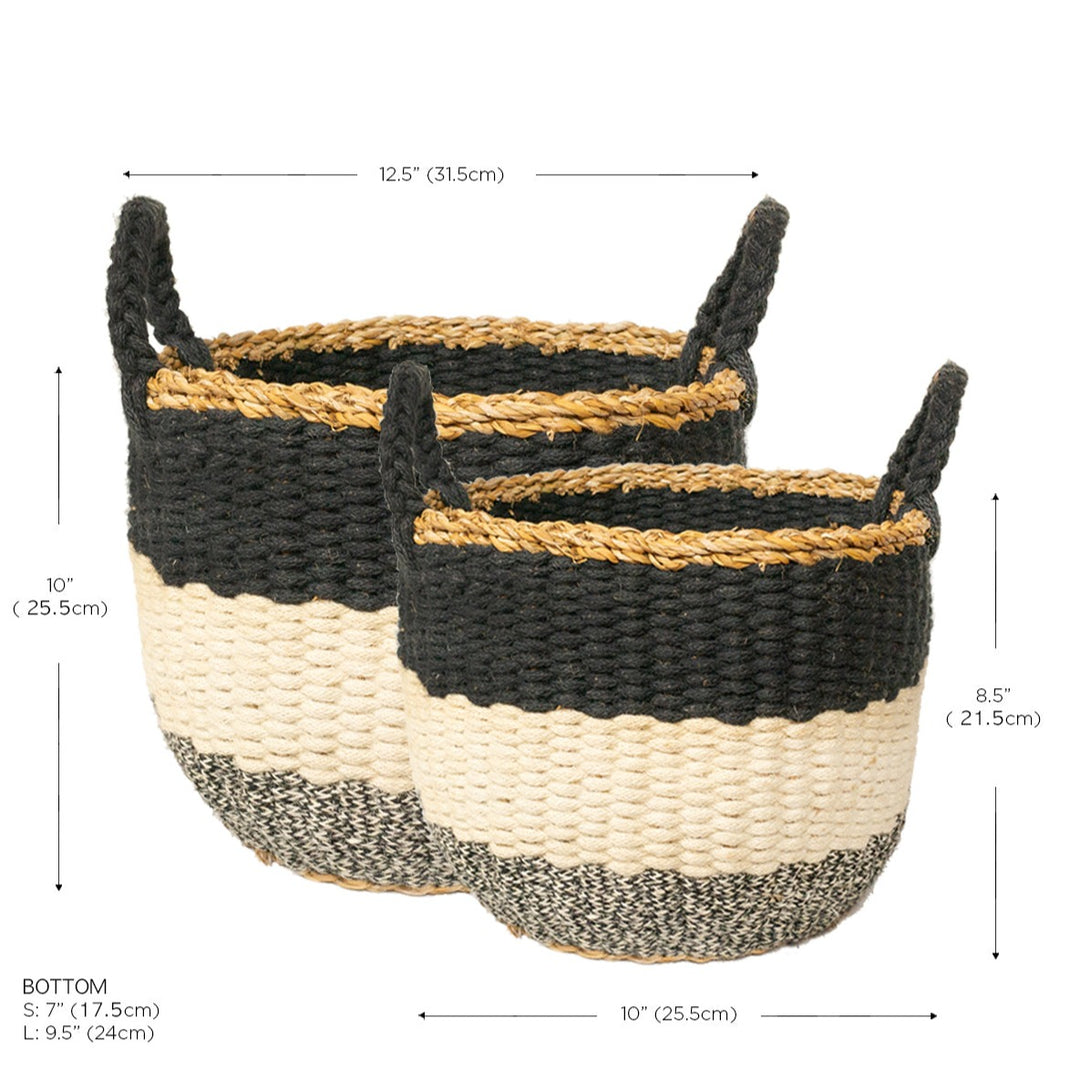 Handwoven Striped Basket, Black Handles