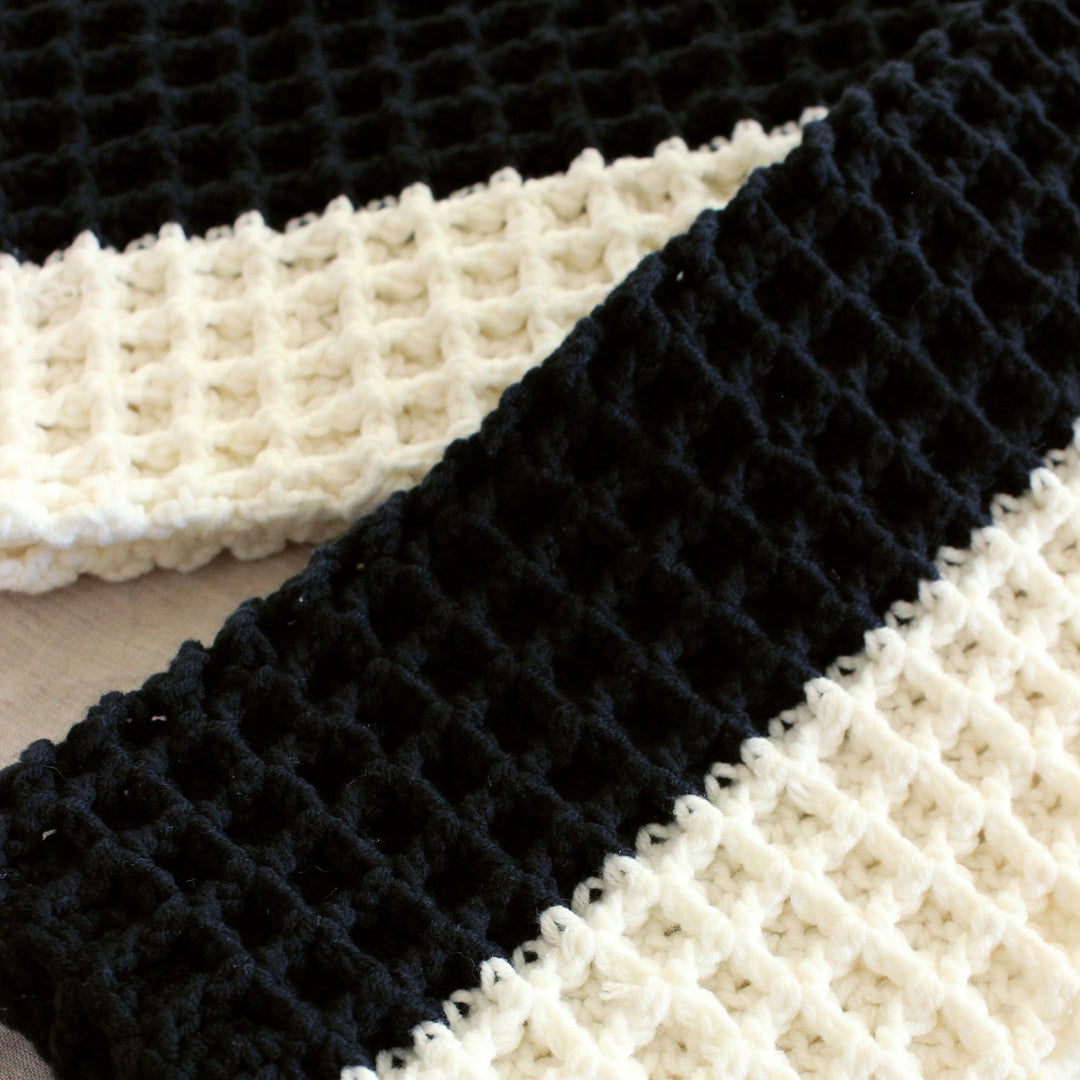 Waffle Crochet Scarf, Black & Off White