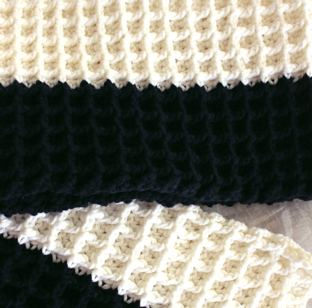 Waffle Crochet Scarf, Black & Off White