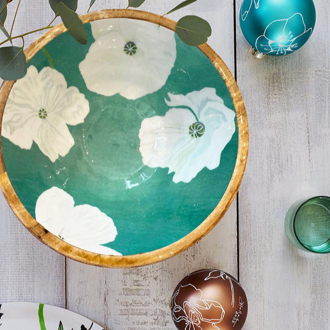 Mango Wood Serving Bowl, Emerald with White Poppies