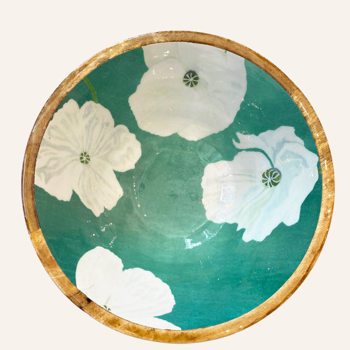 Mango Wood Serving Bowl, Emerald with White Poppies