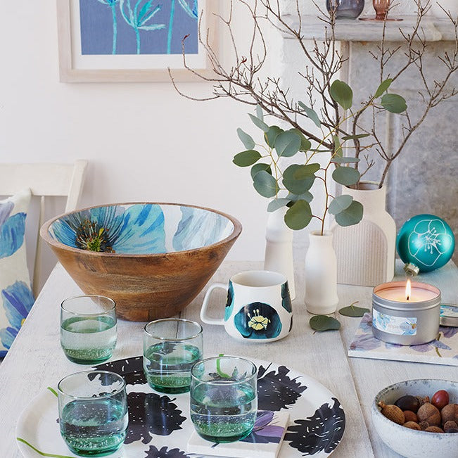 Mango Wood Serving Bowl, Blue Poppies