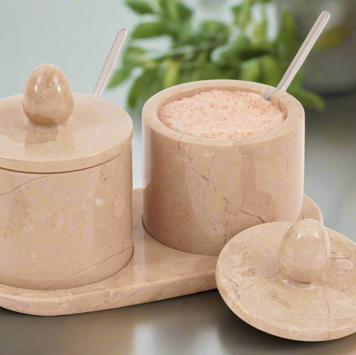 Marble Salt Cellar Set with Lids & Spoons, Verona