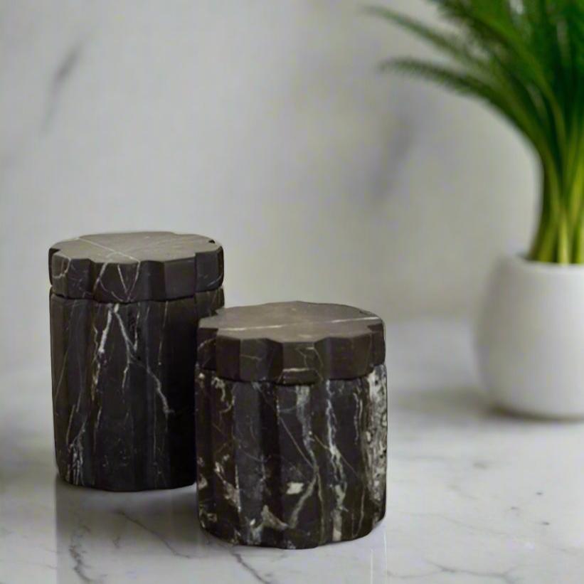 Hand-Carved Container with Lid, Black Marble