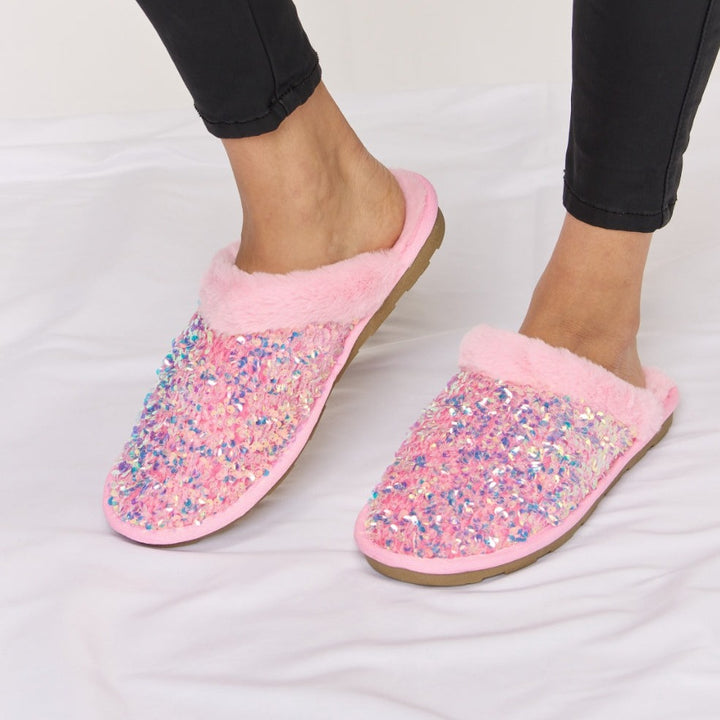 Sequin Closed-Toe Slippers, Pink