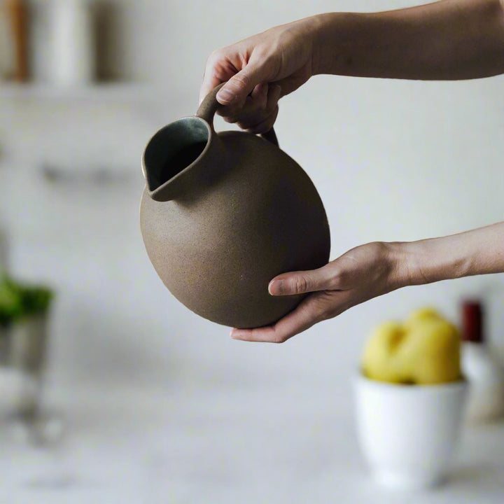 Handcrafted Rounded Pitcher, Unglazed Exterior