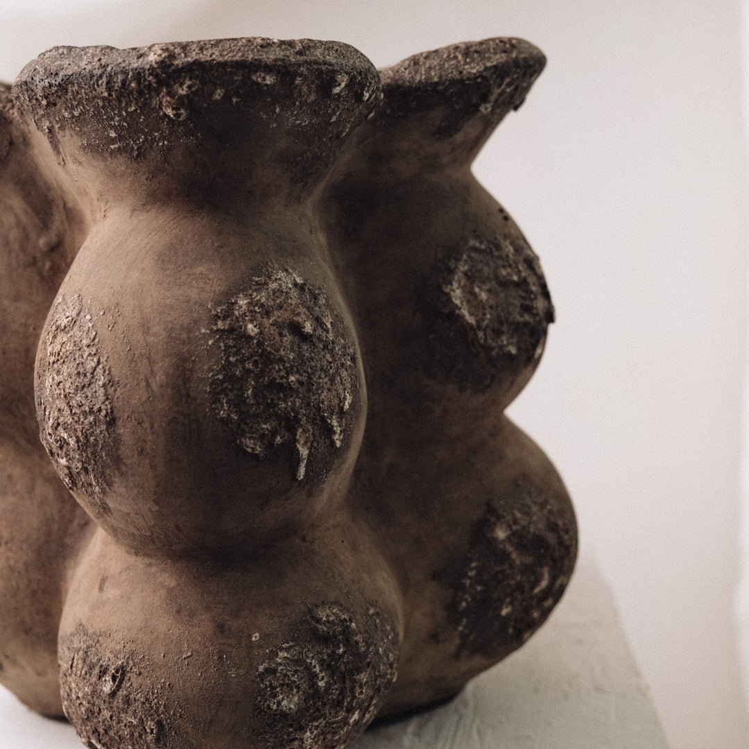 Handmade Clay Short Vessel Vase, Cacao