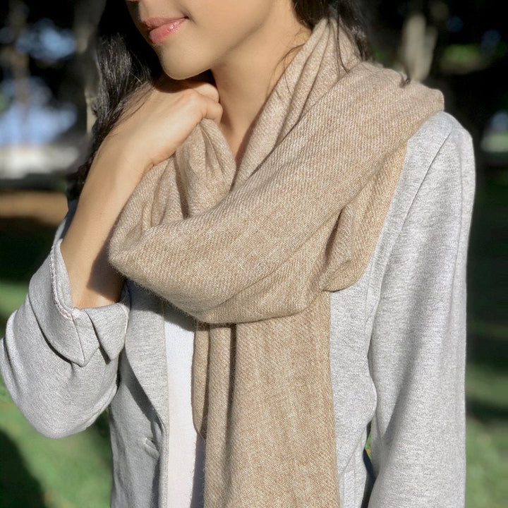 Handloom Cashmere Scarf, Beige Frayed Edge