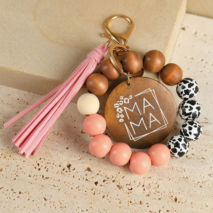 Wood Leopard Beads & Pink Fringe Keychain, Mama