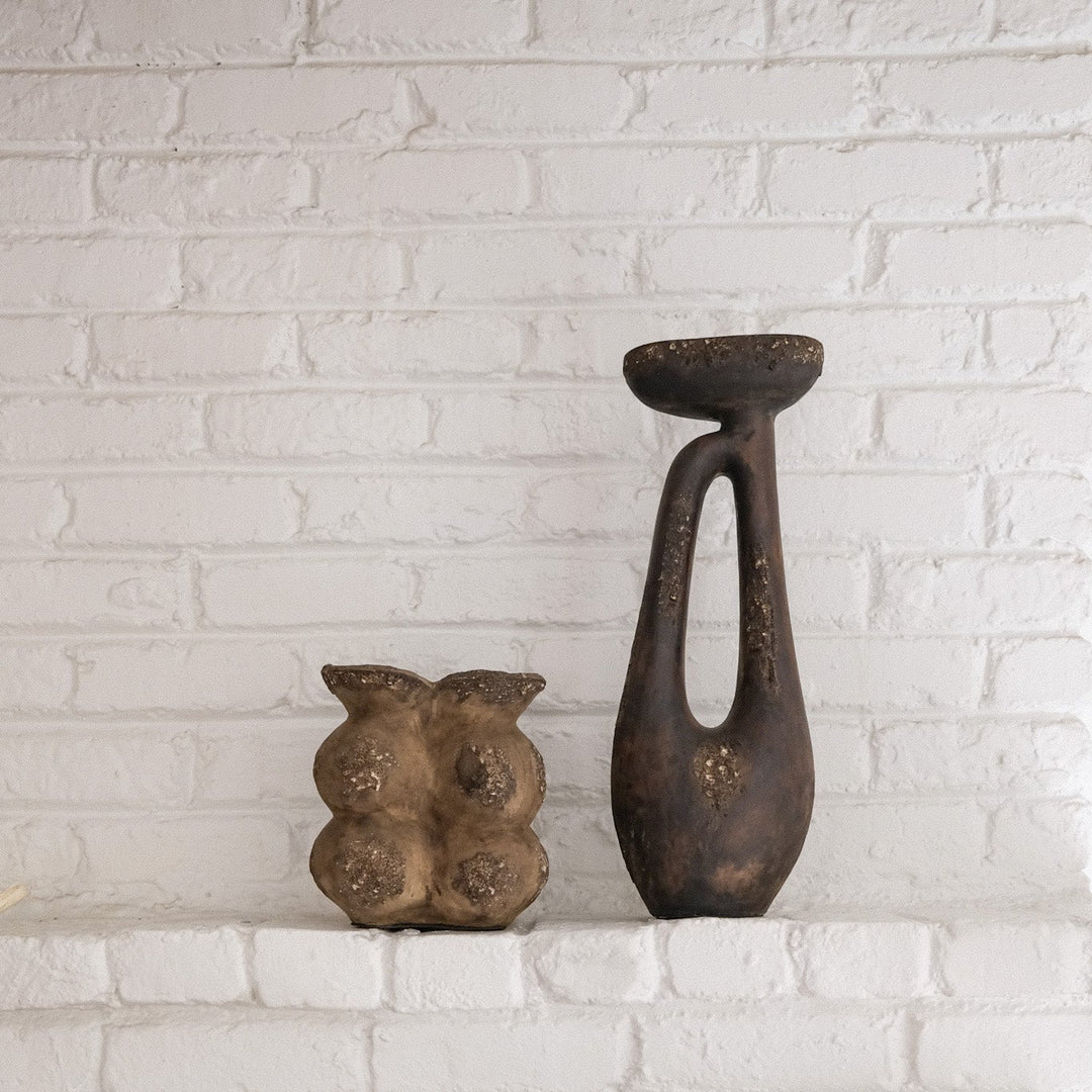 Handmade Clay Short Vessel Vase, Cacao