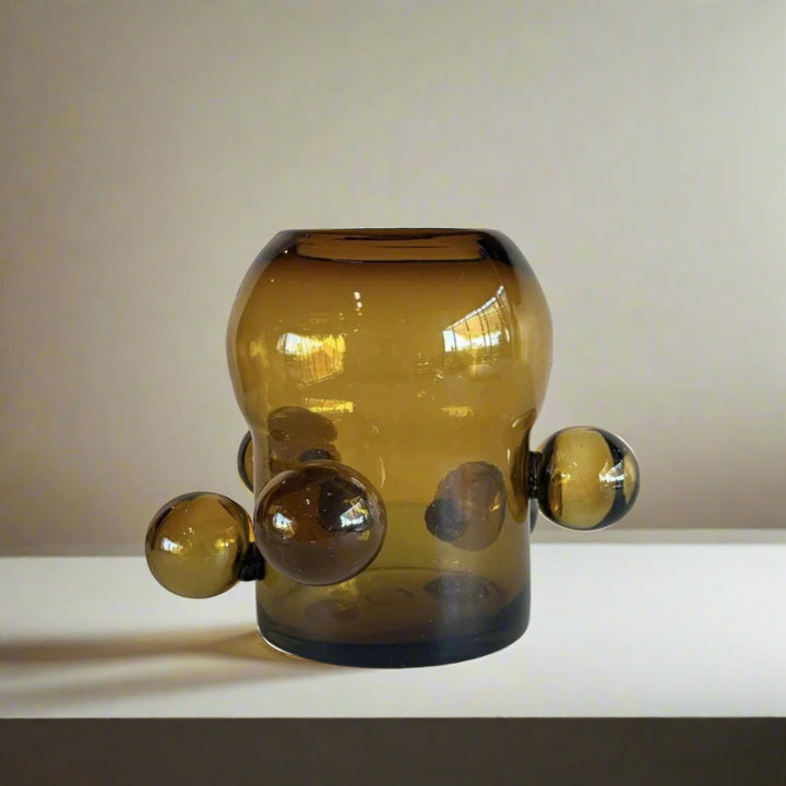 Handmade Artisan Amber Glass Vase, Multi-Sphere