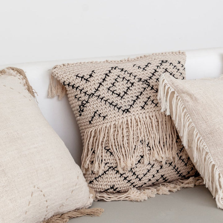Handmade Organic Cotton Tasseled Pillow Cover, Boho Macrame