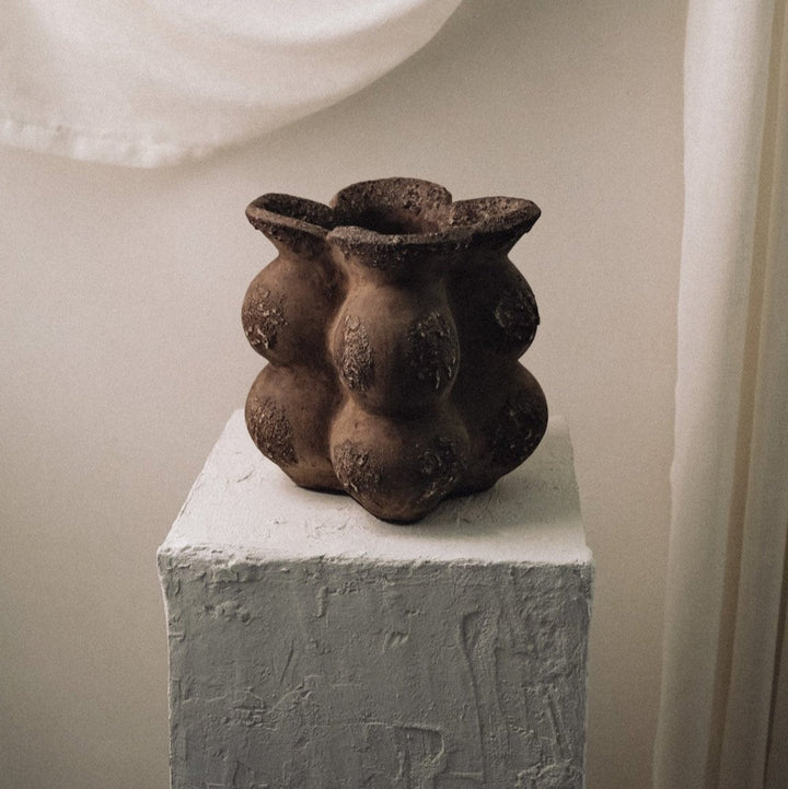 Handmade Clay Short Vessel Vase, Cacao