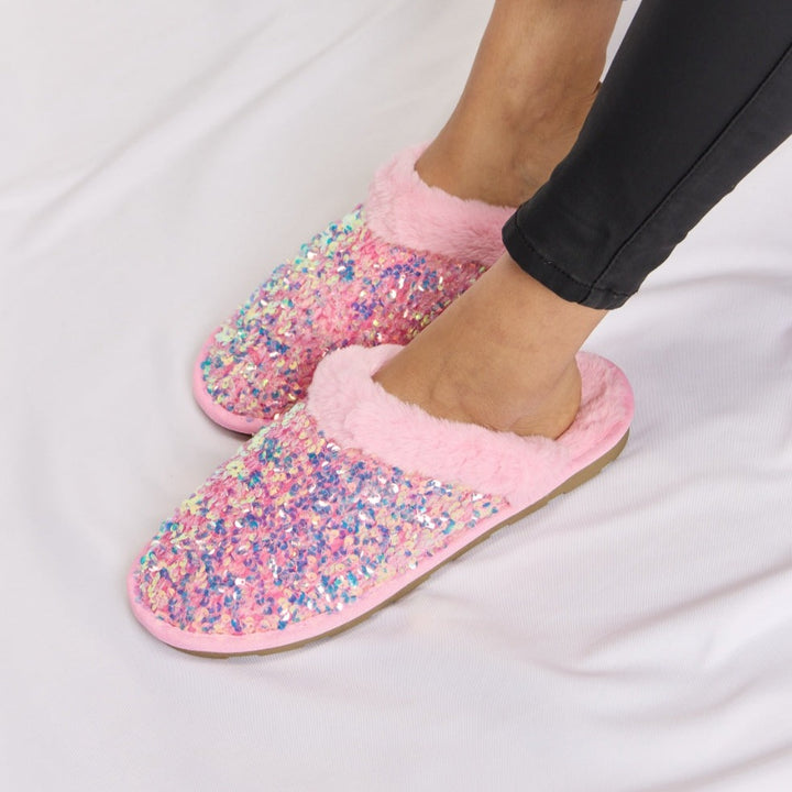 Sequin Closed-Toe Slippers, Pink