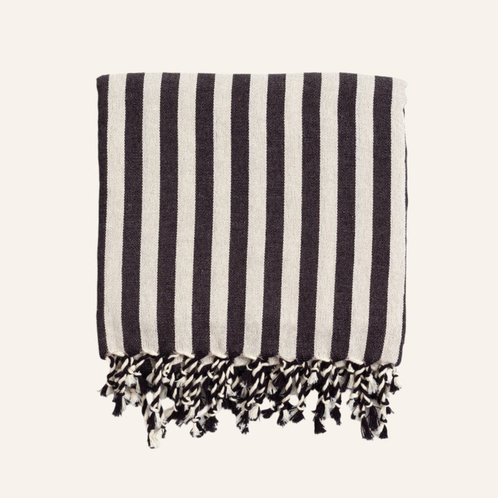Cotton-Linen Bath/Beach Towel, Black & White Stripes