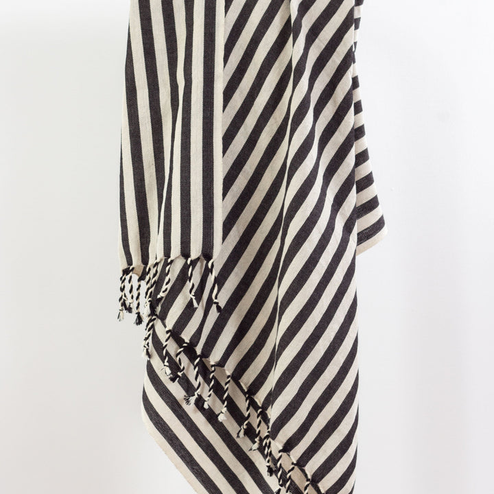 Cotton-Linen Bath/Beach Towel, Black & White Stripes