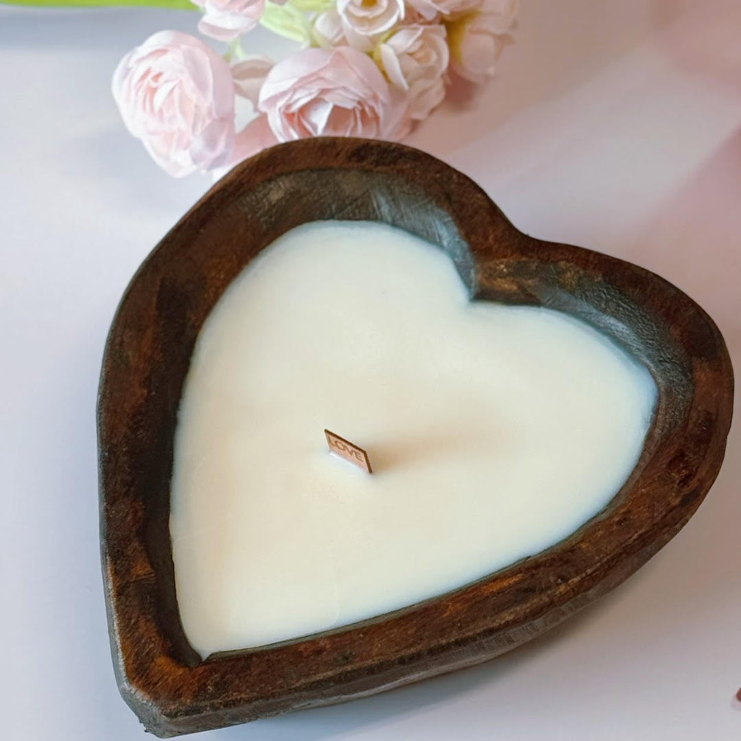 Handmade Wooden Heart Bowl Candle, Variety of Scents