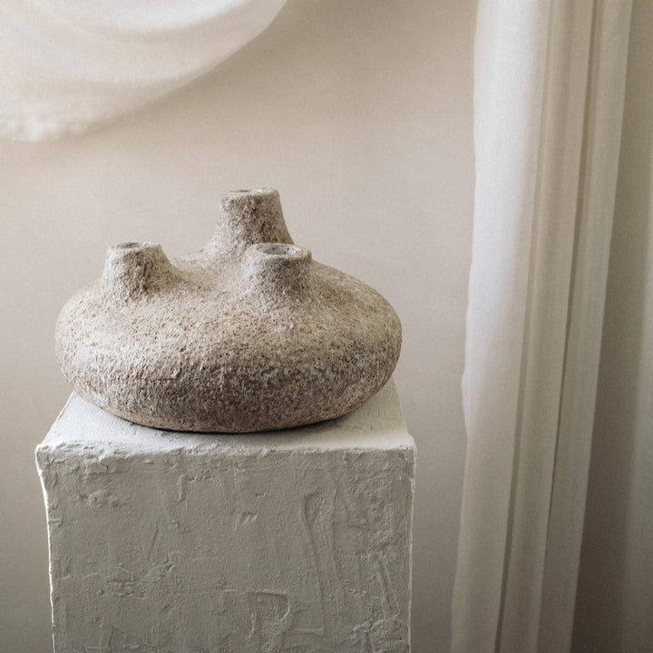 Handmade Clay Vessel Vase, Tri-Spout