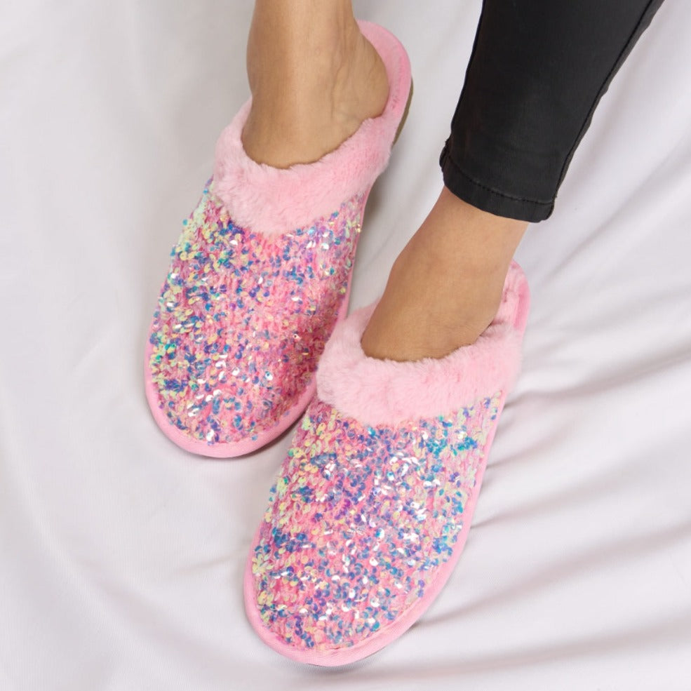 Sequin Closed-Toe Slippers, Pink