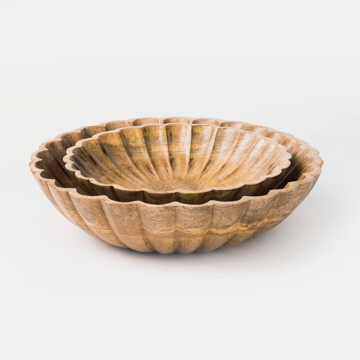 Handcrafted Scalloped Set of 2 Wooden Bowls, Natural