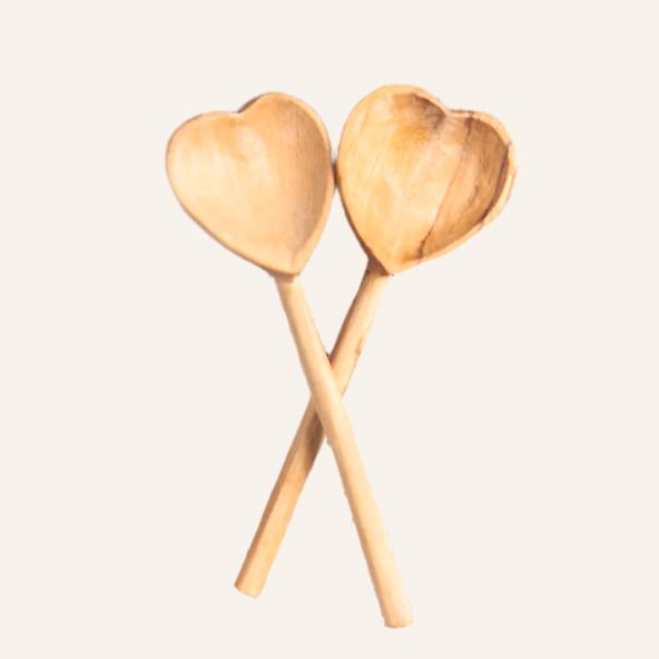 Handcrafted Olive Wood Little Heart Teaspoons, Set of 2