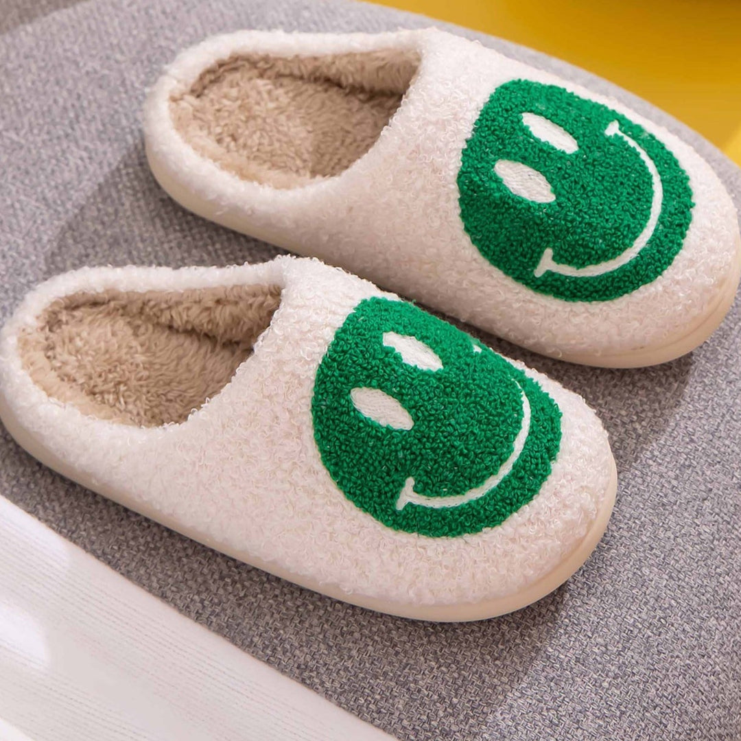 Plush Closed-Toe Slippers, Green Smiley