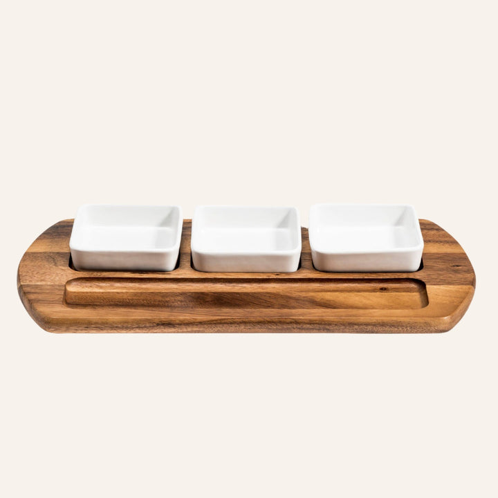 Acacia Wood Charcuterie Board, 3 Square Ceramic Dishes