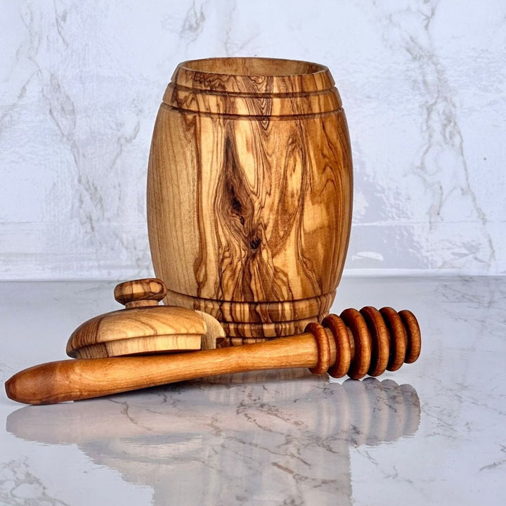 Honey Pot with Honey Dipper, Olive Wood