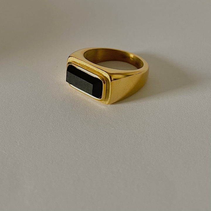 Black Stone Ring, 18K Gold Plated