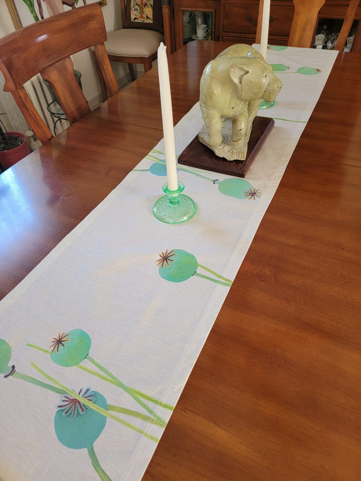 Table Runner, Poppy Pods on Ecru