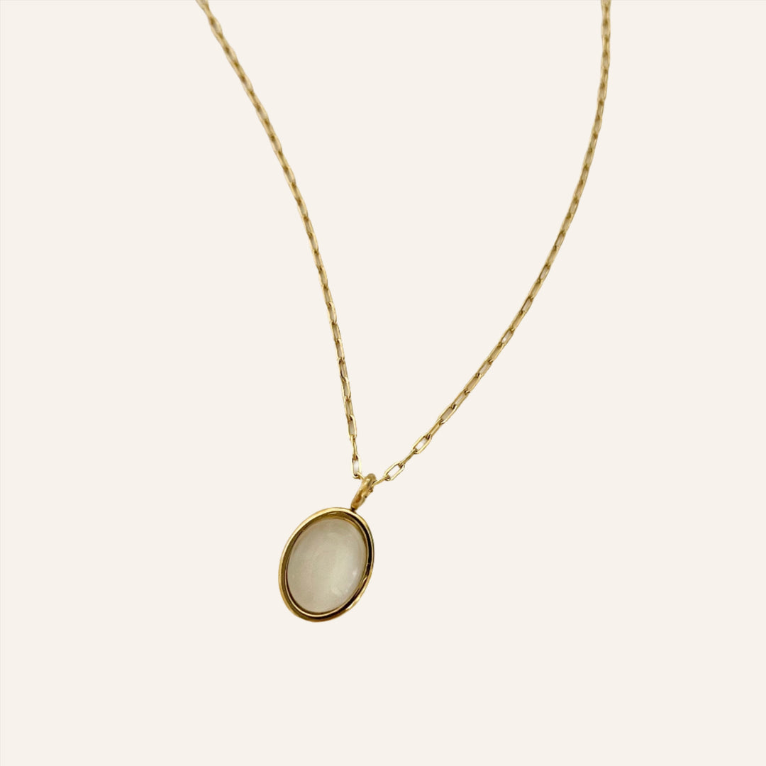 Oval Stone Necklace, 18K Gold Plated