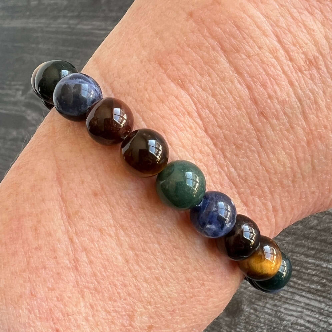 Stone Beads Elastic Bracelet, Tiger Eye, Bloodstone, and Sodalite