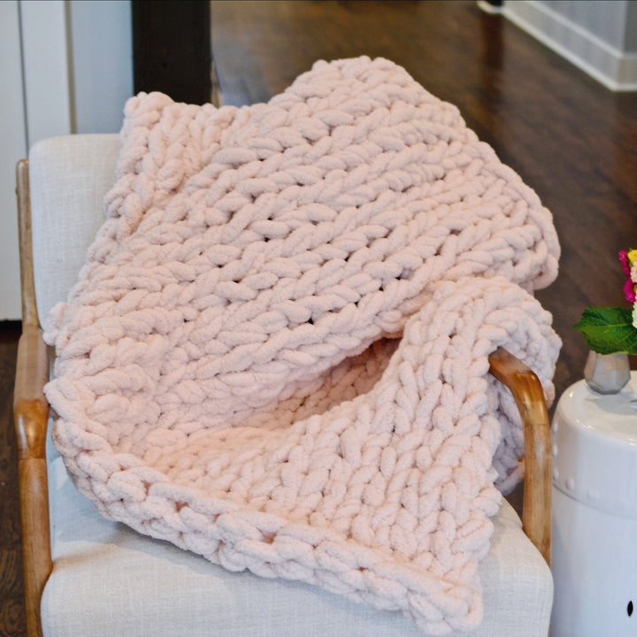 Chunky Hand-Knit Chenille Blanket, Baby Pink