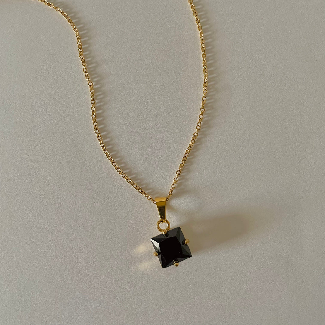 Black Stone Necklace, 18k Gold Plated