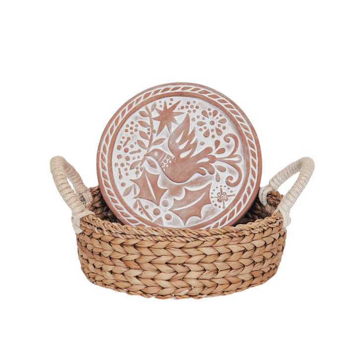 Round Bread Basket with Warming Stone, Bird & Leaves