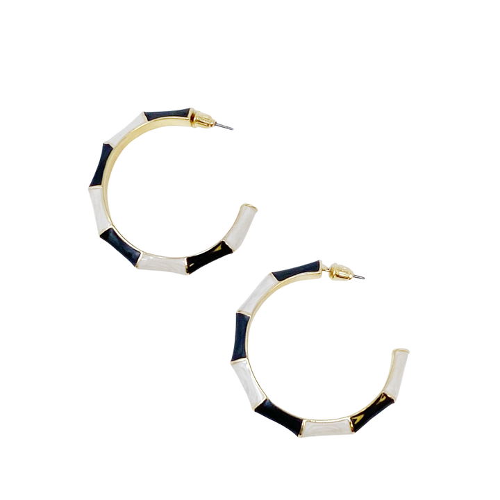 Bamboo Style Fashion Hoop Earrings, Black & White