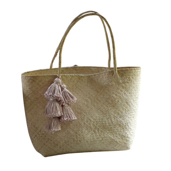 Straw Tote Bag, Pale Blush Tassels