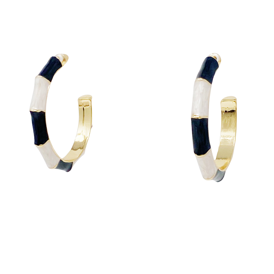 Bamboo Style Fashion Hoop Earrings, Black & White