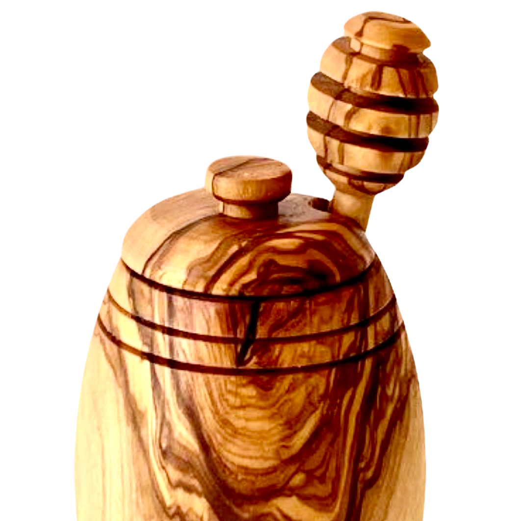 Honey Pot with Honey Dipper, Olive Wood