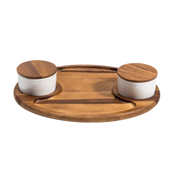 Acacia Wood Charcuterie Board, 2 Ceramic Dishes