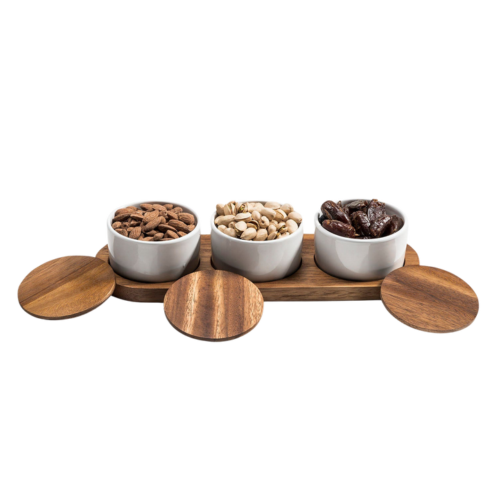 Condiment Serving Set, Acacia Wood & Ceramic