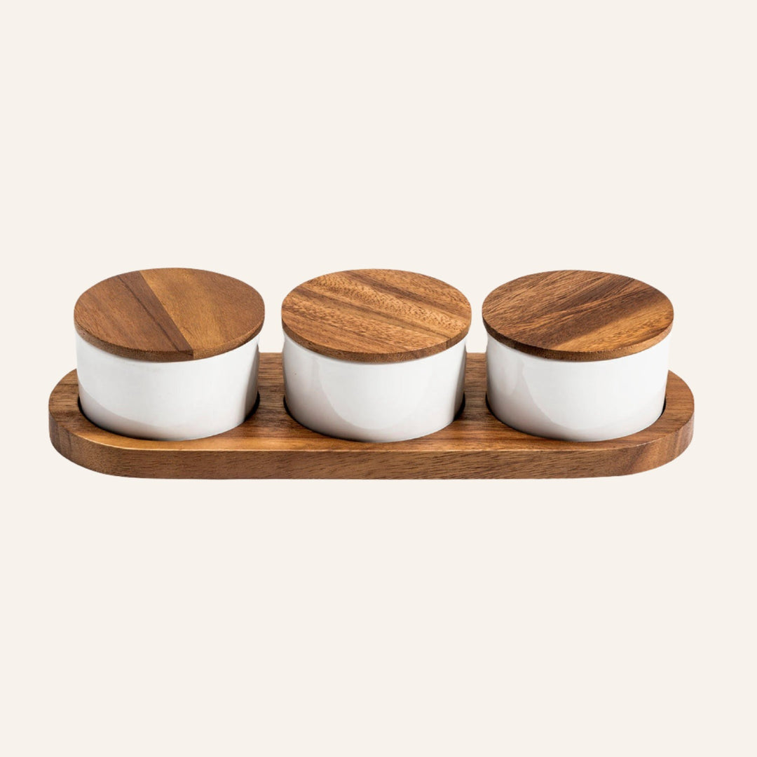 Condiment Serving Set, Acacia Wood & Ceramic