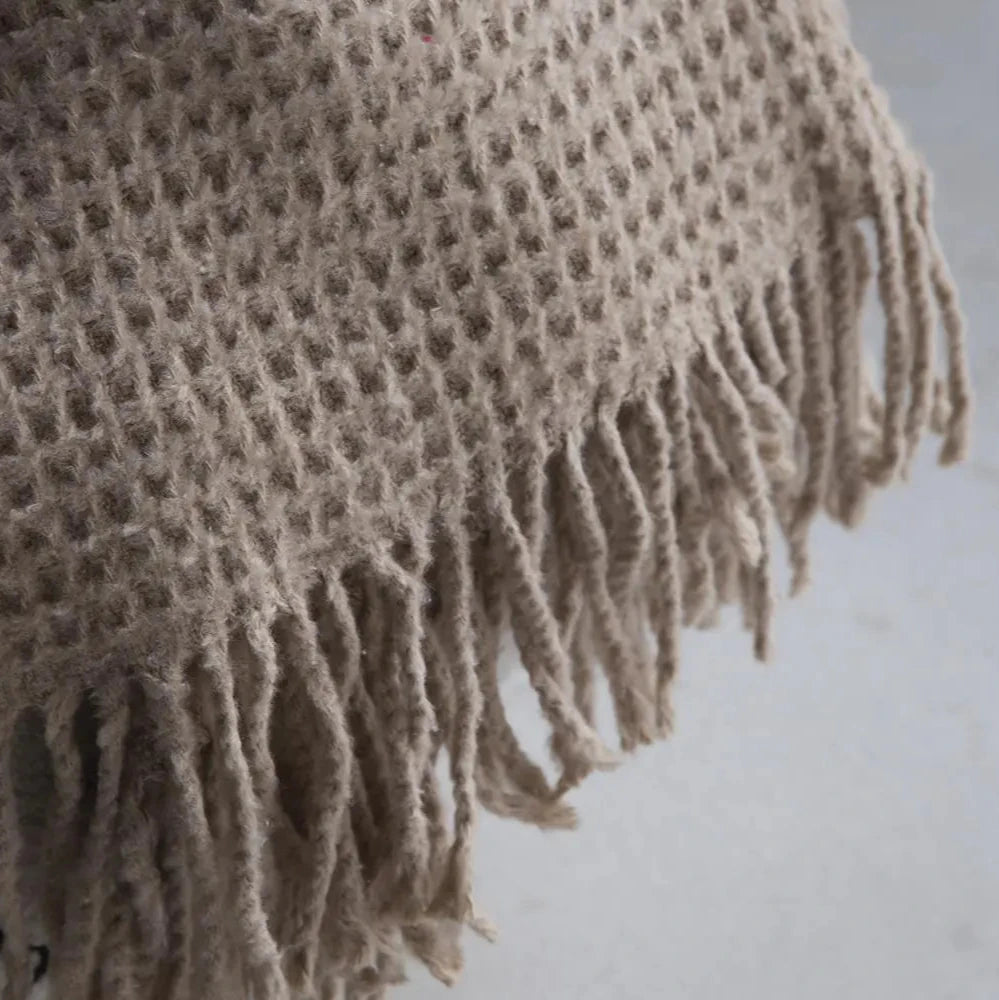 Waffle Knit Throw Blanket with Fringe, Beige