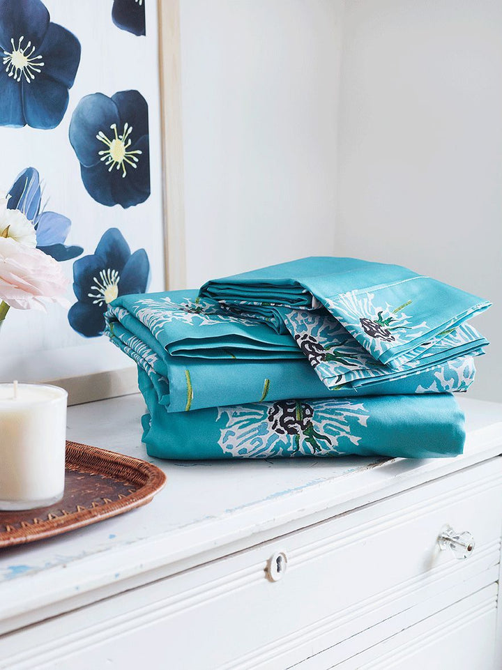 Cotton Sateen Sheet Set, Dandelions on Aqua