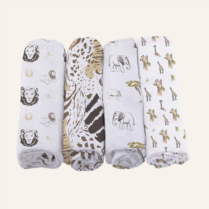 Baby Bamboo Muslin Swaddle Blankets 4-Pack, Safari Animals