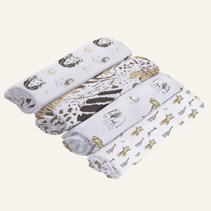 Baby Bamboo Muslin Swaddle Blankets 4-Pack, Safari Animals