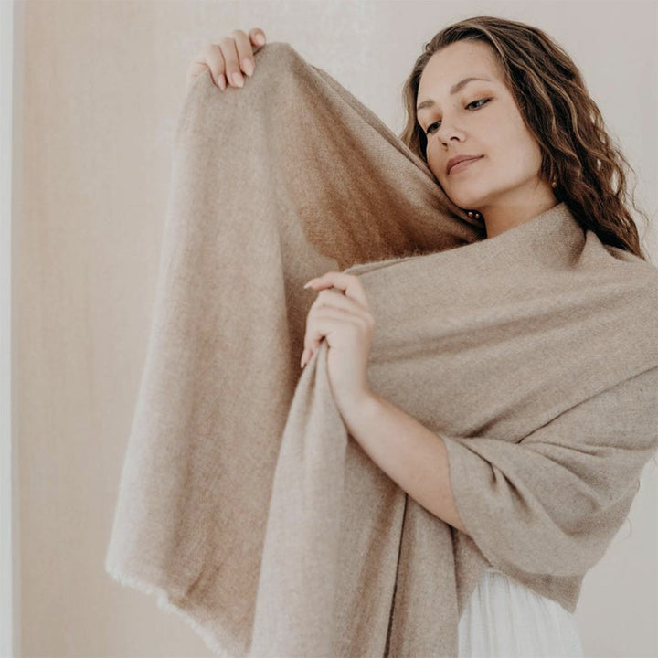 Handloom Cashmere Scarf, Beige Frayed Edge